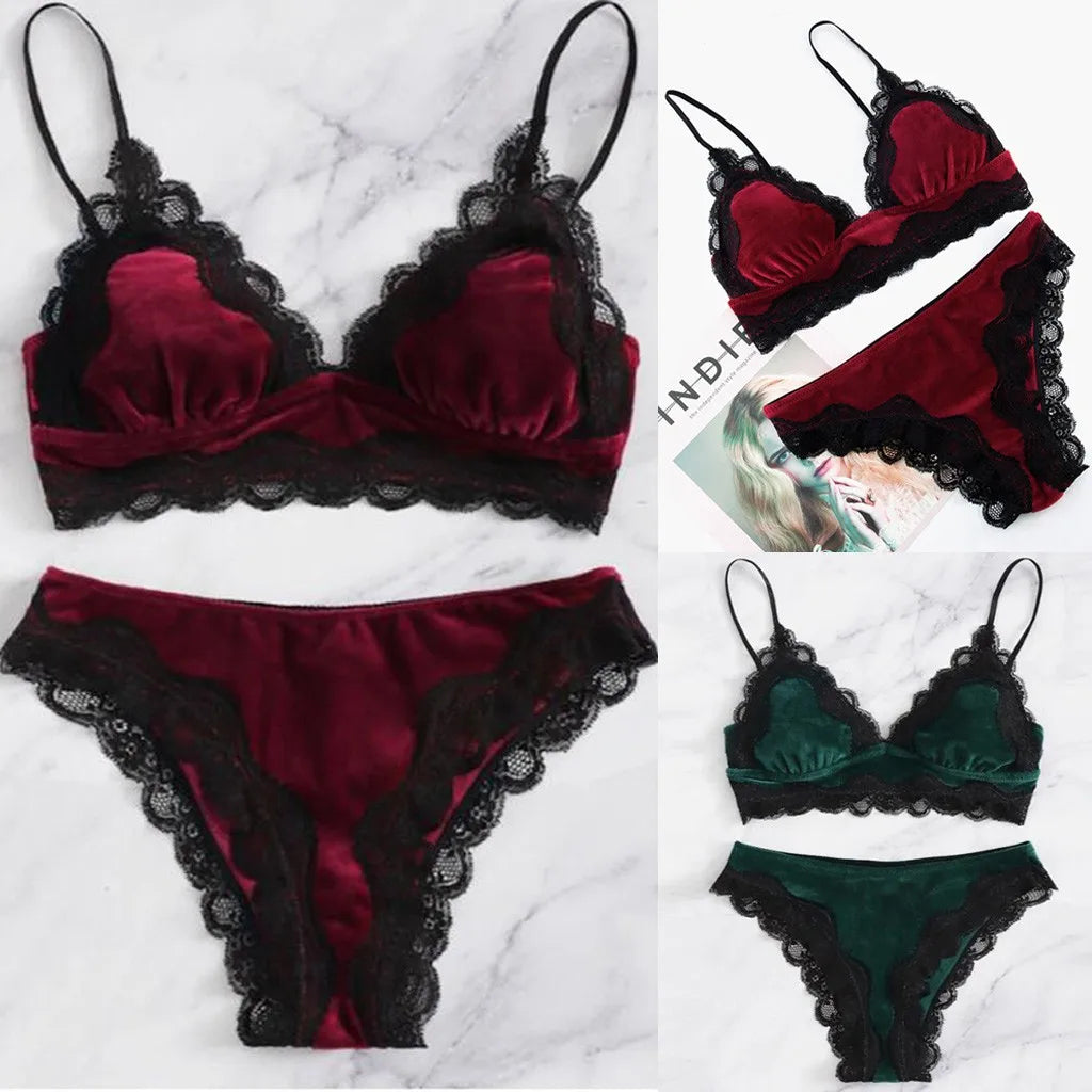 Velvet Floral Lace Bra and Thong Set for Women - 2-Piece Seductive Lingerie Sleepwear