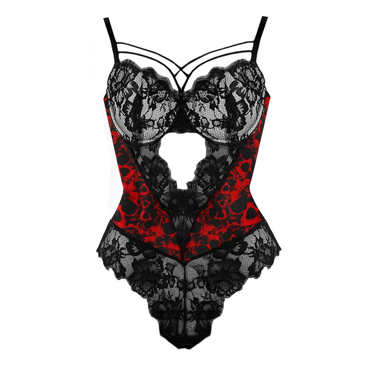 Elegant Red Skull Bodysuit Sleepwear Set