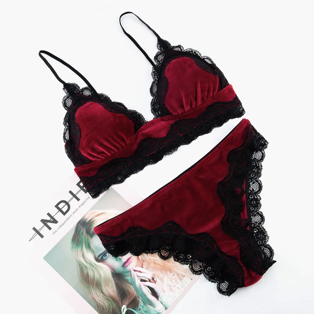 Velvet Floral Lace Bra and Thong Set for Women - 2-Piece Seductive Lingerie Sleepwear