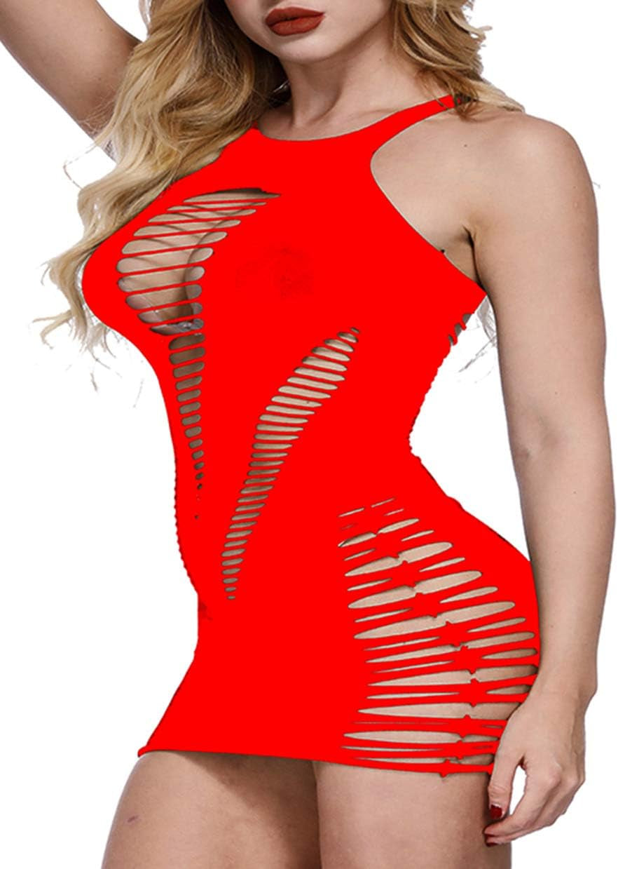 Women Fishnet Lingerie Hollow Out Sleepwear V-Neck Babydoll Mini Dress Stretch Chemise Teddy Bodysuit One Piece