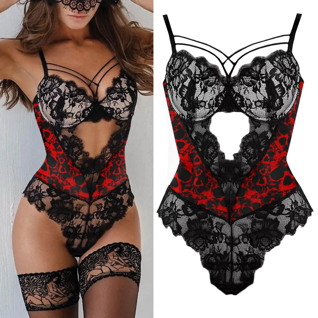 Elegant Red Skull Bodysuit Sleepwear Set