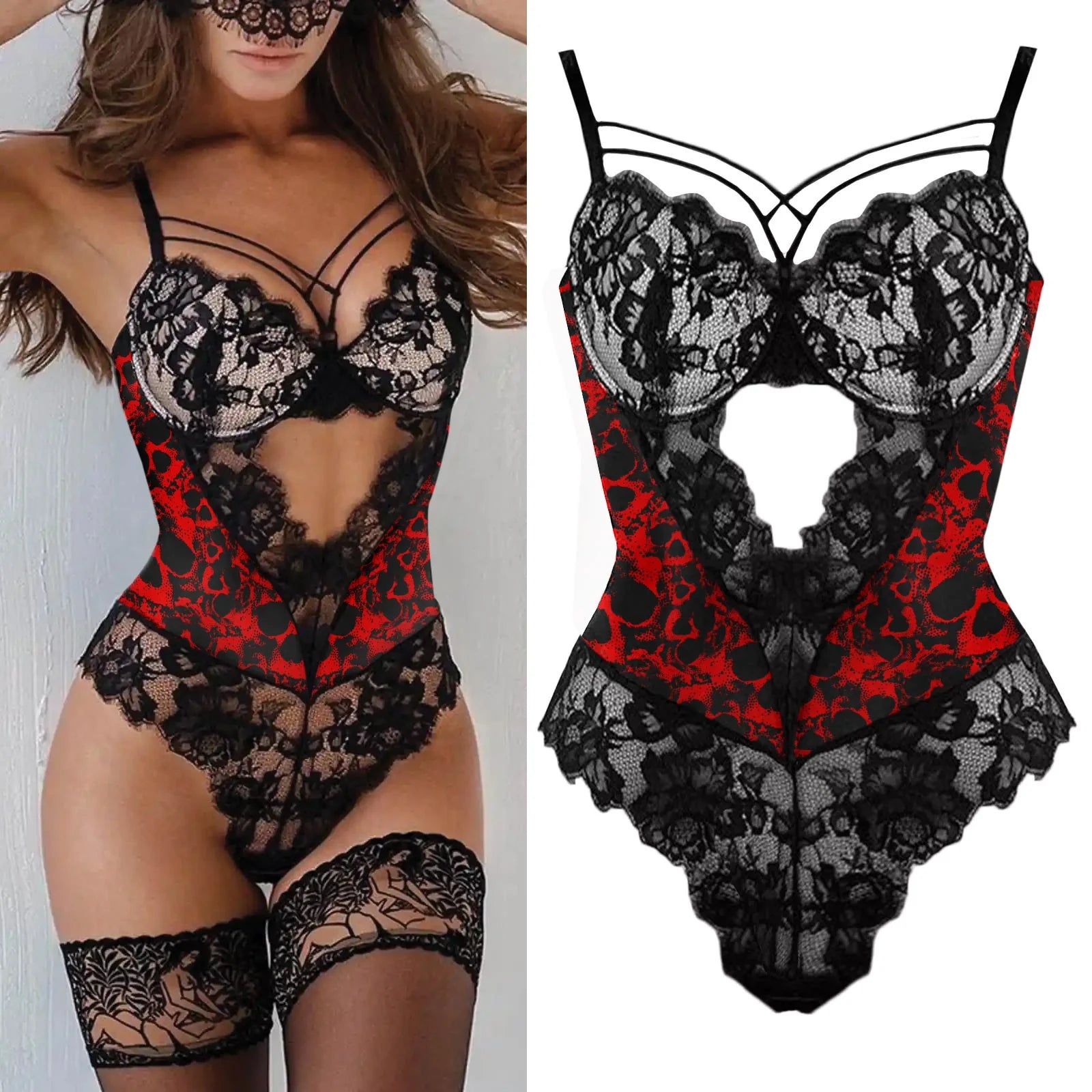 Elegant Red Skull Bodysuit Sleepwear Set