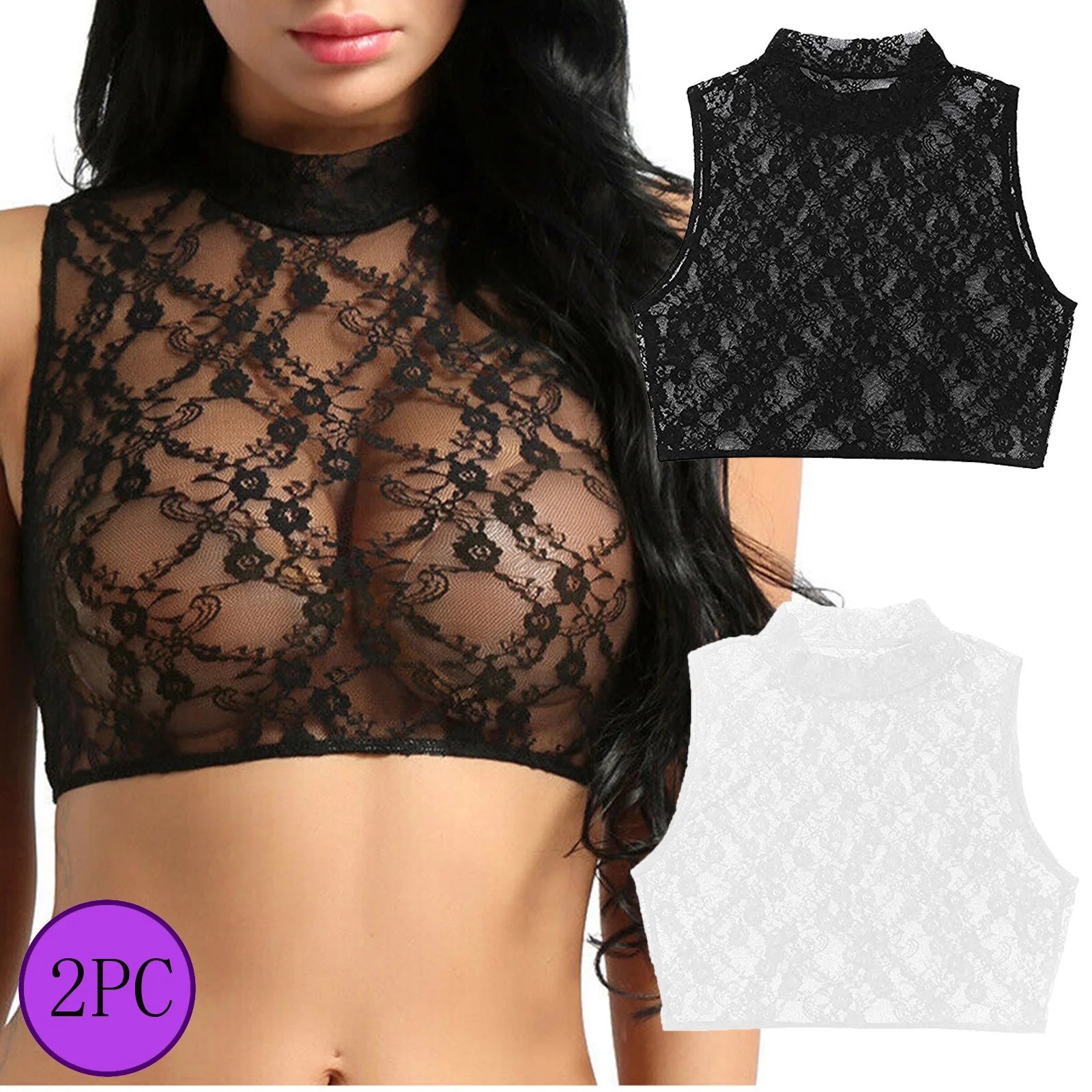 Women'S Sheer Lace Lingerie Mesh Sleeveless Cropped Tanks Sexy T Shirt See Sheer Sleepwear Casual Comfort Underwear